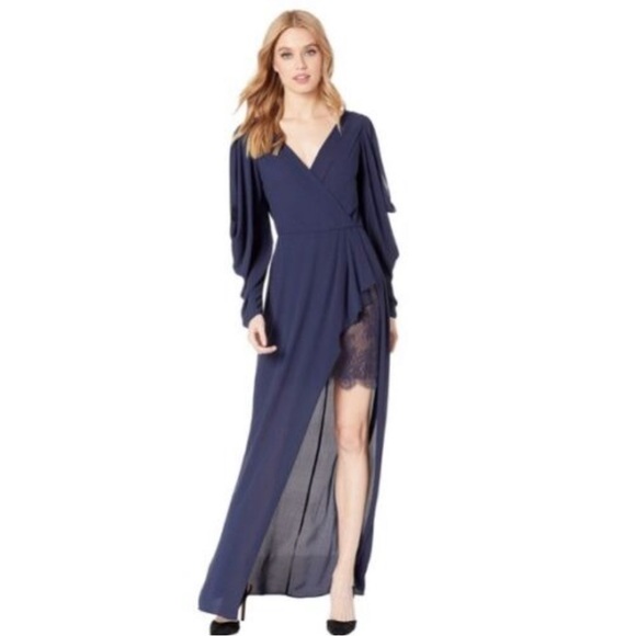 BCBGMAXAZRIA- Dark Navy Kiko Georgette Draped Sleeve Gown- Size 8 EUC - Picture 2 of 12